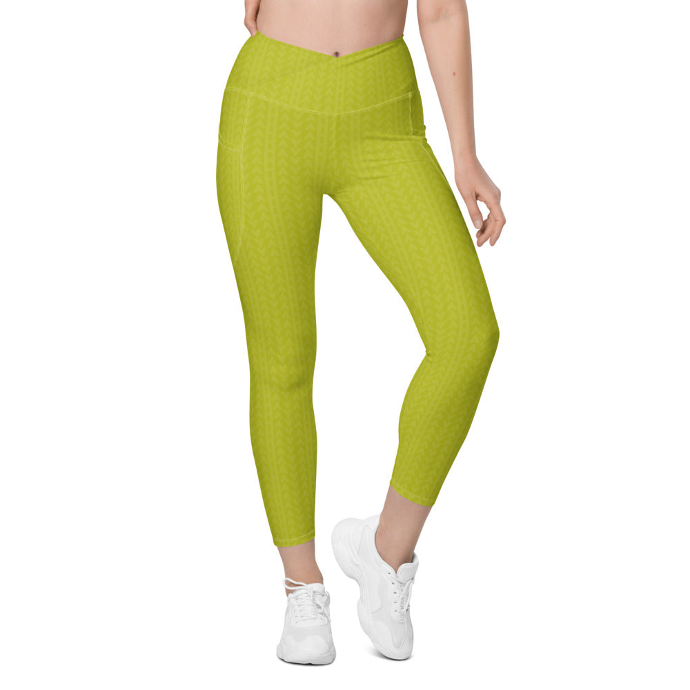 Lime Green High Waisted Crossover Leggings with Pockets HAVAH